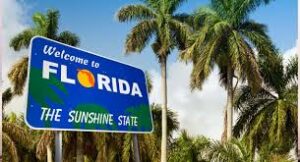 A blue welcome to Florida sign 